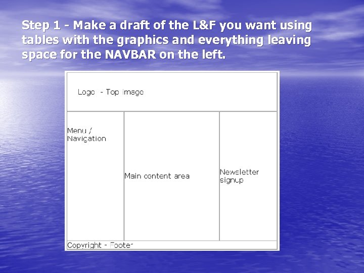 Step 1 - Make a draft of the L&F you want using tables with