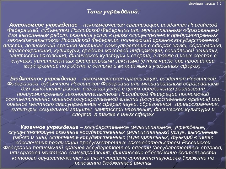  Вводная часть 1. 1 Типы учреждений: Автономное учреждение – некоммерческая организация, созданная Российской