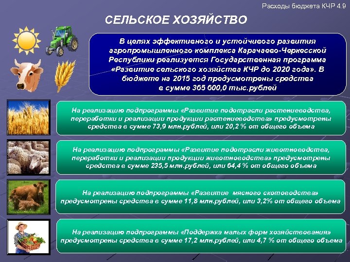 Расходы бюджета КЧР 4. 9 СЕЛЬСКОЕ ХОЗЯЙСТВО В целях эффективного и устойчивого развития агропромышленного