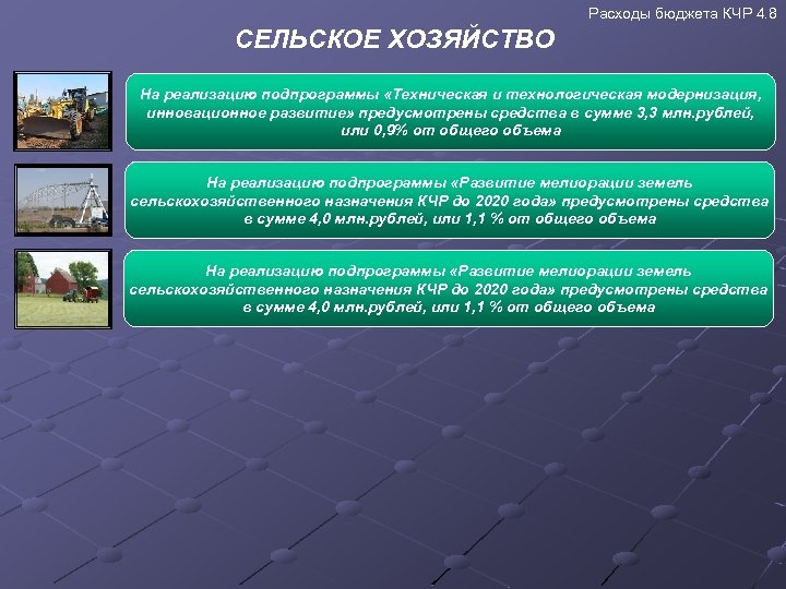 Расходы бюджета КЧР 4. 8 СЕЛЬСКОЕ ХОЗЯЙСТВО На реализацию подпрограммы «Техническая и технологическая модернизация,