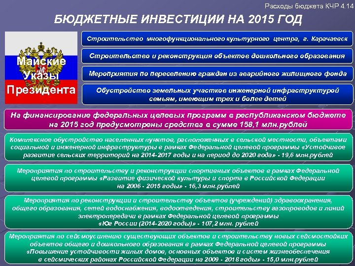Расходы бюджета КЧР 4. 14 БЮДЖЕТНЫЕ ИНВЕСТИЦИИ НА 2015 ГОД Строительство многофункционального культурного центра,