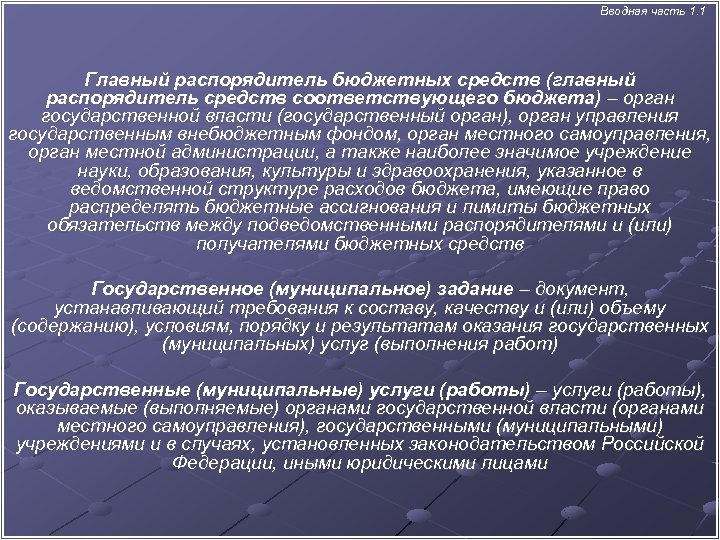  Вводная часть 1. 1 Главный распорядитель бюджетных средств (главный распорядитель средств соответствующего бюджета)
