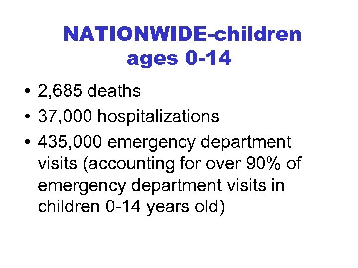 NATIONWIDE-children ages 0 -14 • 2, 685 deaths • 37, 000 hospitalizations • 435,