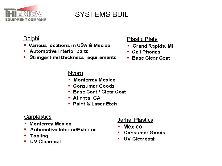 SYSTEMS BUILT Delphi § Various locations in USA & Mexico Plastic Plate § Grand