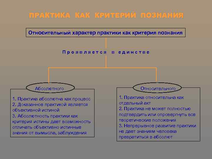 ПРАКТИКА КАК КРИТЕРИЙ ПОЗНАНИЯ Относительный характер практики как критерия познания Проявляется Абсолютного 1. Практика