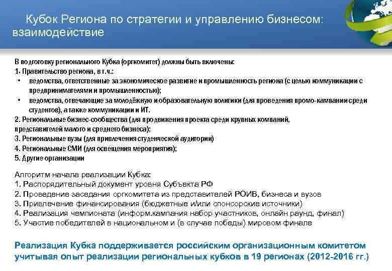  Кубок Региона по стратегии и управлению бизнесом: взаимодействие В подготовку регионального Кубка (оргкомитет)
