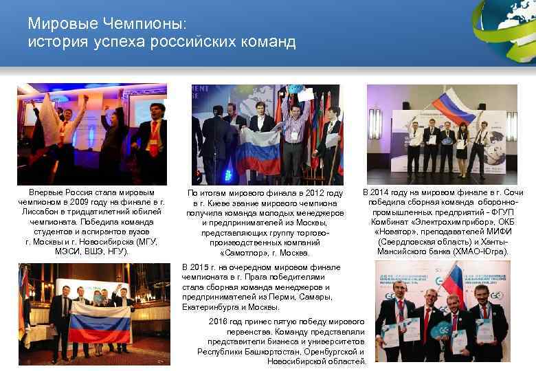Мировые Чемпионы: история успеха российских команд Впервые Россия стала мировым чемпионом в 2009 году