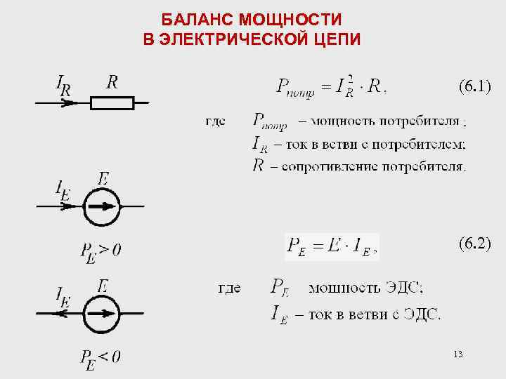 БАЛАНС МОЩНОСТИ В ЭЛЕКТРИЧЕСКОЙ ЦЕПИ (6. 1) (6. 2) 13 