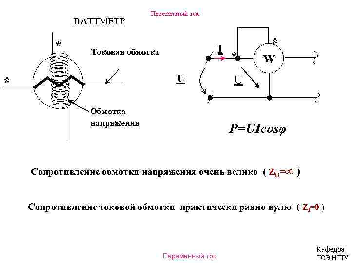 Сопротивление в обмотке напряжения. Схема подключения ваттметра в электрическую цепь. Ваттметр обмотки тока и напряжения. Обмотки ваттметра на схеме. Схема ваттметра переменного тока.