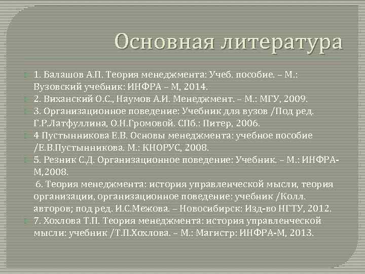 Основная литература 1. Балашов А. П. Теория менеджмента: Учеб. пособие. – М. : Вузовский