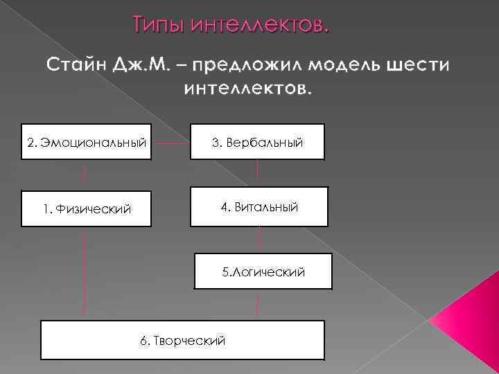 Типы интеллектов. Стайн Дж. М. – предложил модель шести интеллектов. 2. Эмоциональный 3. Вербальный