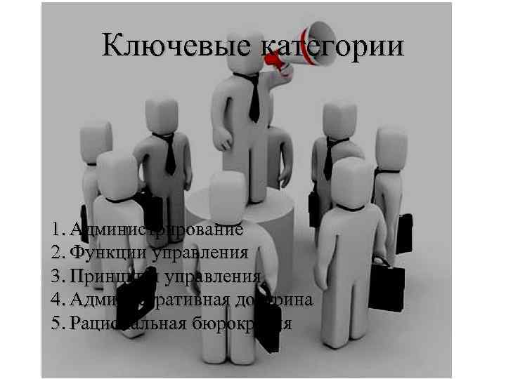 Ключевые категории 1. Администрирование 2. Функции управления 3. Принципы управления 4. Административная доктрина 5.