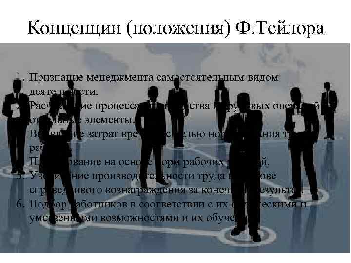 Концепции (положения) Ф. Тейлора 1. Признание менеджмента самостоятельным видом деятельности. 2. Расчленение процесса производства