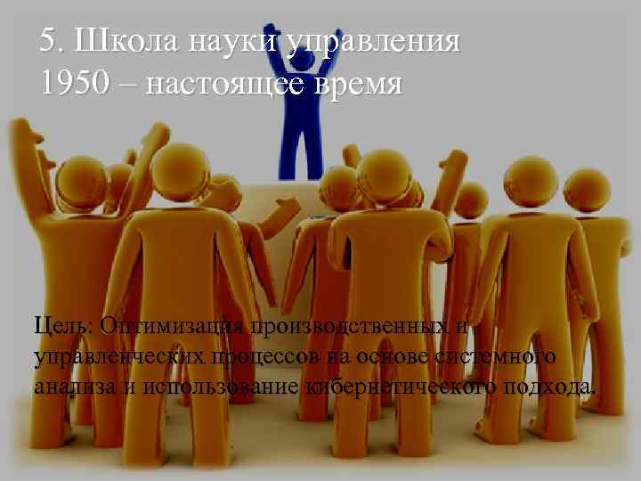 5. Школа науки управления 1950 – настоящее время Цель: Оптимизация производственных и управленческих процессов