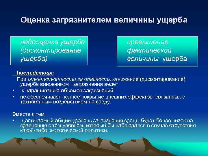 Оценка загрязнителем величины ущерба недооценка ущерба (дисконтирование ущерба) превышение фактической величины ущерба Последствия: При