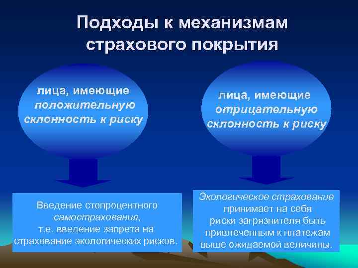 Подходы к механизмам страхового покрытия лица, имеющие положительную склонность к риску Введение стопроцентного самострахования,