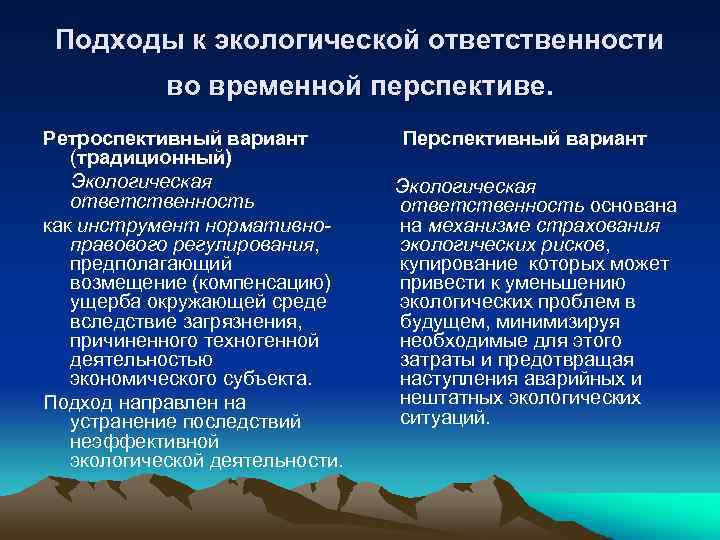 Подходы к экологической ответственности во временной перспективе. Ретроспективный вариант (традиционный) Экологическая ответственность как инструмент