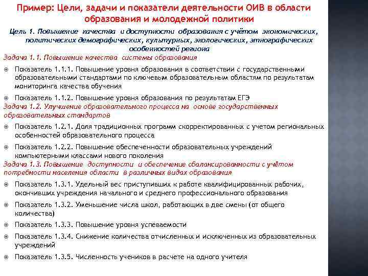 Пример: Цели, задачи и показатели деятельности ОИВ в области образования и молодежной политики Цель