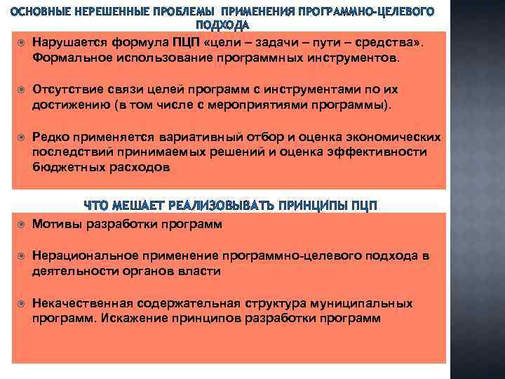 ОСНОВНЫЕ НЕРЕШЕННЫЕ ПРОБЛЕМЫ ПРИМЕНЕНИЯ ПРОГРАММНО-ЦЕЛЕВОГО ПОДХОДА Нарушается формула ПЦП «цели – задачи – пути