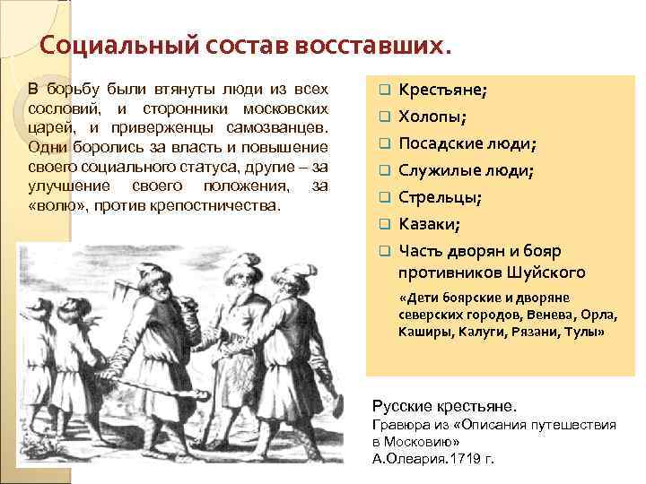 Социальный состав восставших. В борьбу были втянуты люди из всех сословий, и сторонники московских
