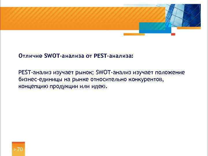 Отличие SWOT-анализа от PEST-анализа: PEST-анализ изучает рынок; SWOT-анализ изучает положение бизнес-единицы на рынке относительно