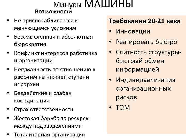 Минусы • • МАШИНЫ Возможности Не приспосабливается к меняющимся условиям Бессмысленная и абсолютная бюрократия