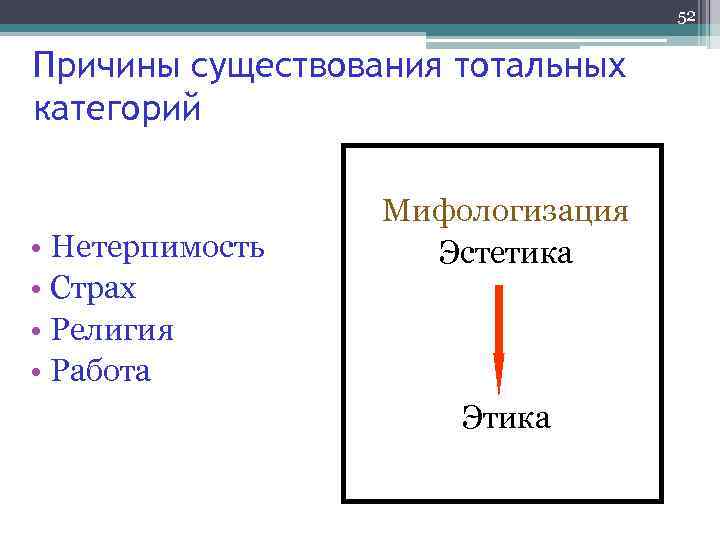 52 Причины существования тотальных категорий • Нетерпимость • Страх • Религия • Работа Мифологизация