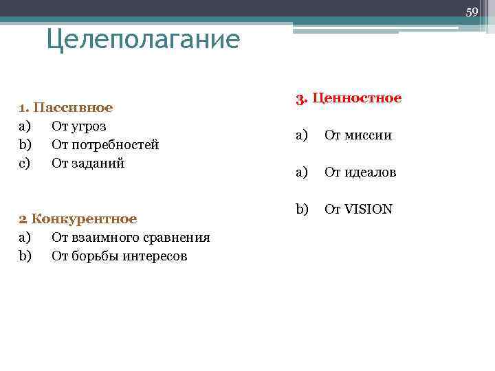 59 Целеполагание 1. Пассивное a) От угроз b) От потребностей c) От заданий 2