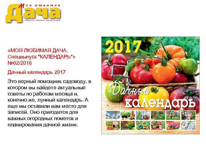  «МОЯ ЛЮБИМАЯ ДАЧА. Спецвыпуск ''КАЛЕНДАРЬ''» № 02/2016 Дачный календарь 2017 Это верный помощник