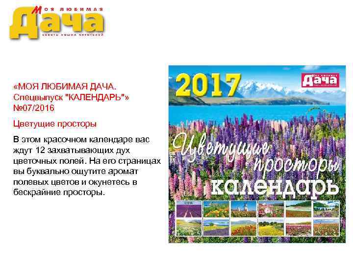 «МОЯ ЛЮБИМАЯ ДАЧА. Спецвыпуск ''КАЛЕНДАРЬ''» № 07/2016 Цветущие просторы В этом красочном календаре