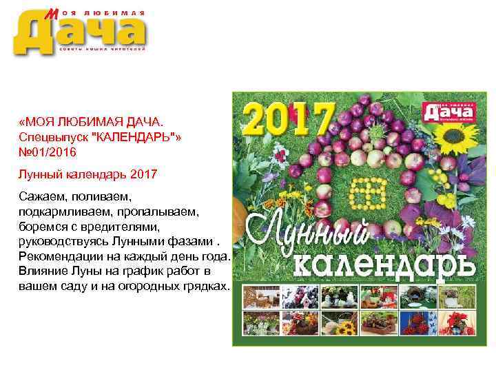  «МОЯ ЛЮБИМАЯ ДАЧА. Спецвыпуск ''КАЛЕНДАРЬ''» № 01/2016 Лунный календарь 2017 Сажаем, поливаем, подкармливаем,