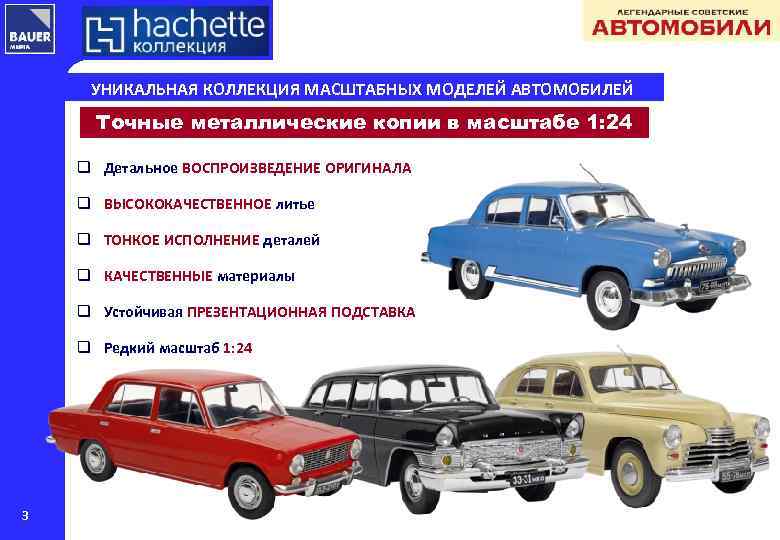 УНИКАЛЬНАЯ КОЛЛЕКЦИЯ МАСШТАБНЫХ МОДЕЛЕЙ АВТОМОБИЛЕЙ Точные металлические копии в масштабе 1: 24 q Детальное