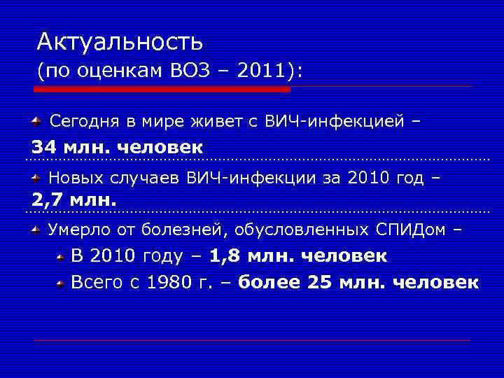Актуальность (по оценкам ВОЗ – 2011): Сегодня в мире живет с ВИЧ-инфекцией – 34