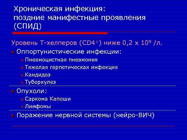 Хроническая инфекция: поздние манифестные проявления (СПИД) Уровень Т-хелперов (CD 4+) ниже 0, 2 x