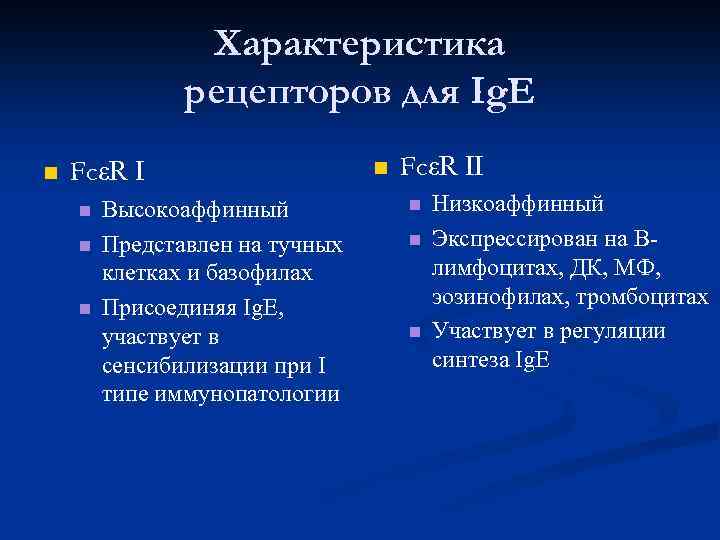 Характеристика рецепторов для Ig. E FcεR I Высокоаффинный Представлен на тучных клетках и базофилах