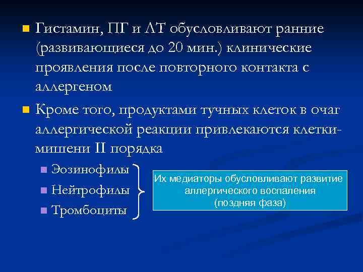  Гистамин, ПГ и ЛТ обусловливают ранние (развивающиеся до 20 мин. ) клинические проявления