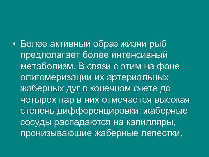  • Более активный образ жизни рыб предполагает более интенсивный метаболизм. В связи с