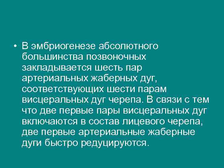  • В эмбриогенезе абсолютного большинства позвоночных закладывается шесть пар артериальных жаберных дуг, соответствующих
