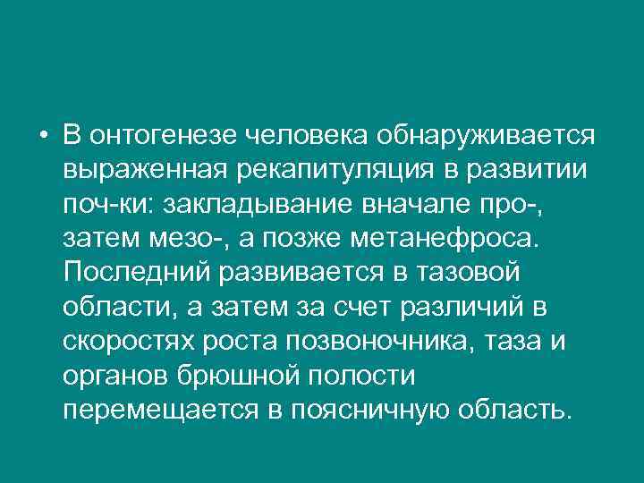  • В онтогенезе человека обнаруживается выраженная рекапитуляция в развитии поч ки: закладывание вначале