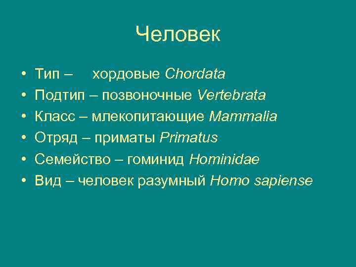 Человек • • • Тип – хордовые Chordata Подтип – позвоночные Vertebrata Класс –