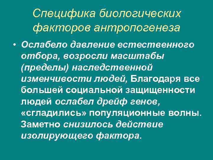 Специфика биологических факторов антропогенеза • Ослабело давление естественного отбора, возросли масштабы (пределы) наследственной изменчивости