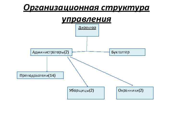 Организационная структура управления Директор Администраторы(2) Бухгалтер Преподаватели(14) Уборщицы(2) Охранники(2) 