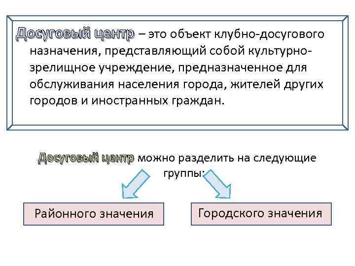 Досуговый центр – это объект клубно-досугового назначения, представляющий собой культурнозрелищное учреждение, предназначенное для обслуживания