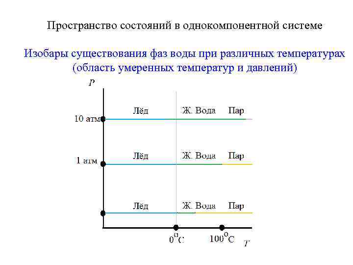 Пространство состояний в однокомпонентной системе Изобары существования фаз воды при различных температурах (область умеренных