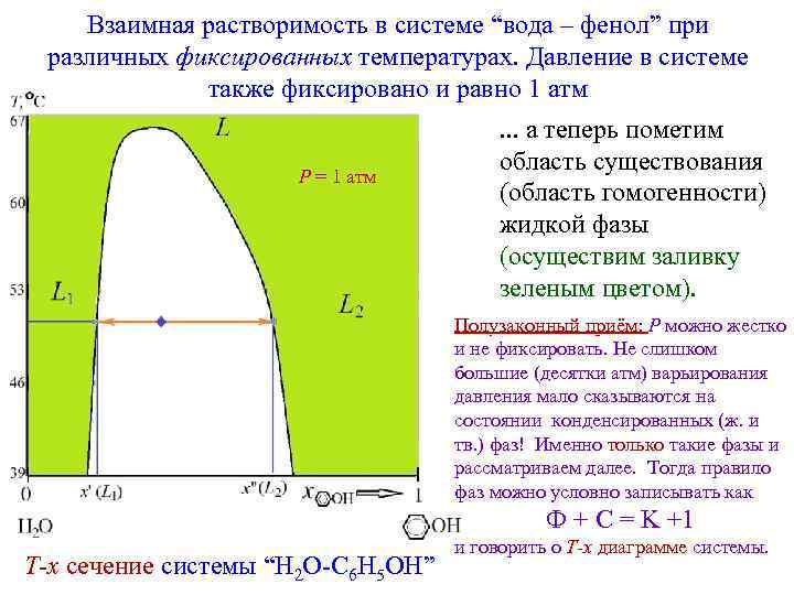 Взаимная растворимость в системе “вода – фенол” при различных фиксированных температурах. Давление в системе