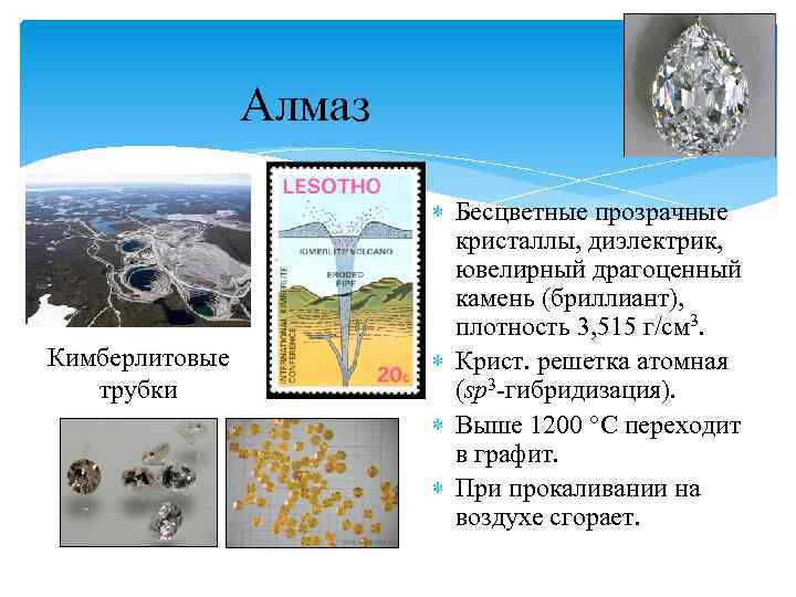 Алмаз Кимберлитовые трубки Бесцветные прозрачные кристаллы, диэлектрик, ювелирный драгоценный камень (бриллиант), плотность 3, 515