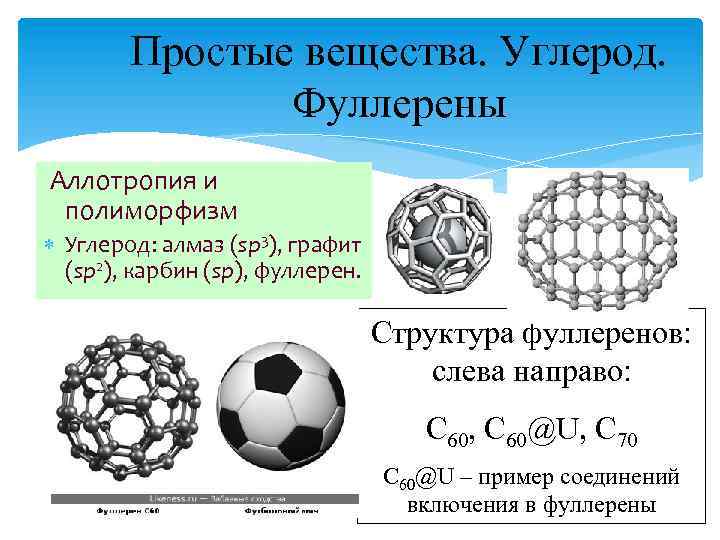 Простые вещества. Углерод. Фуллерены Аллотропия и полиморфизм Углерод: алмаз (sp 3), графит (sp 2),