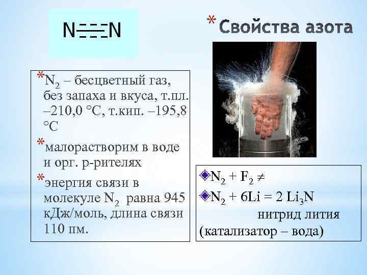 N N *N 2 – бесцветный газ, * без запаха и вкуса, т. пл.