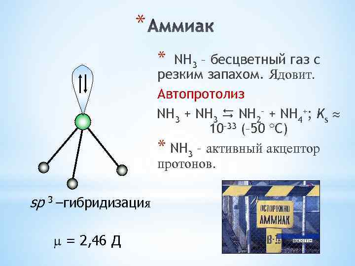 * * NH 3 – бесцветный газ с резким запахом. Ядовит. Автопротолиз NH 3