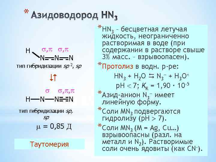 * *HN 3 – бесцветная летучая H , , N N N тип гибридизации